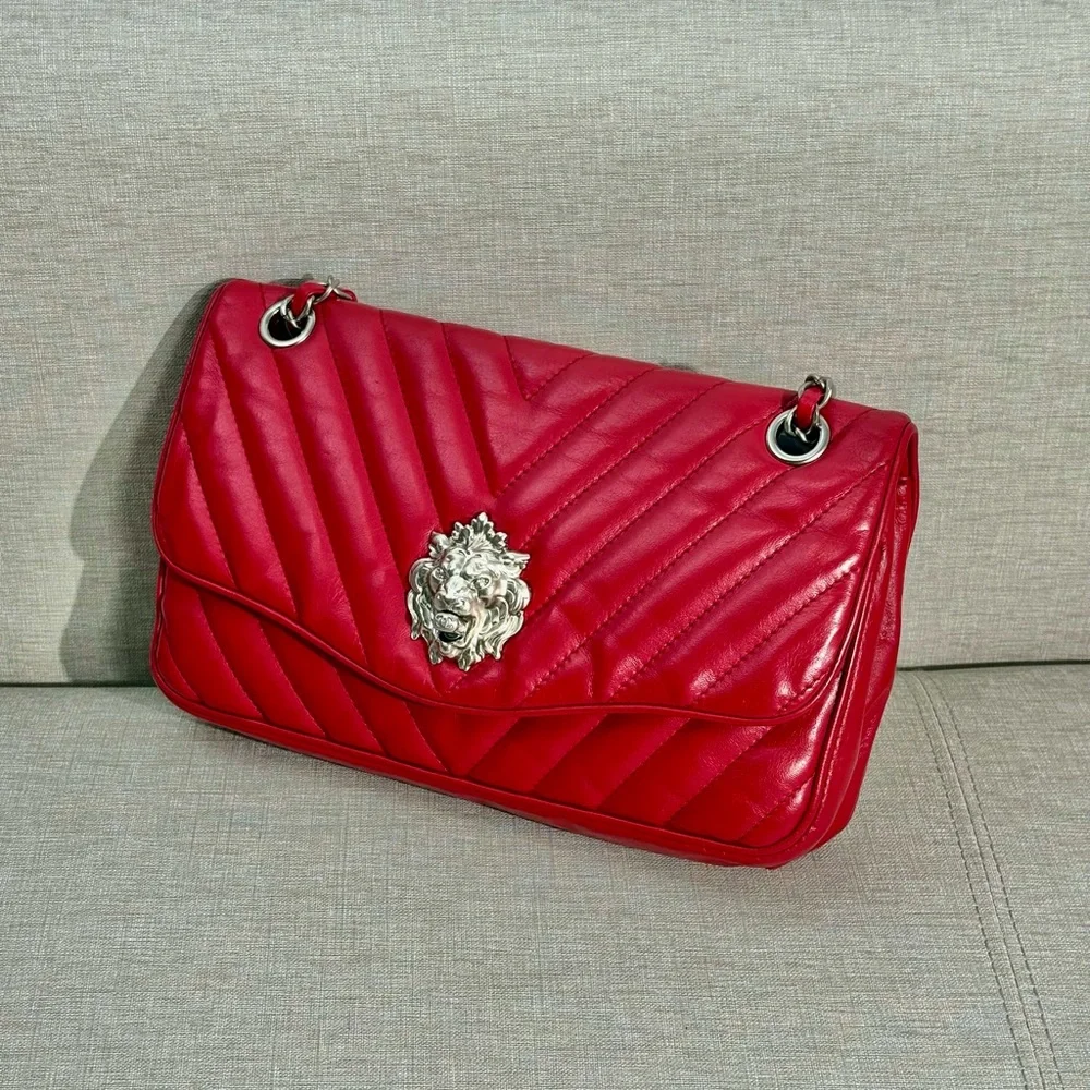 CHANEL Red Lambskin Chevron Flap Bag SHW Lion Hardware - Picture 3 of 16